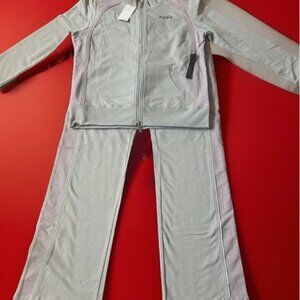 BCBG MAXAZRIA Branded Logo Jacket Pant Set Sports Gym clrgray and purple stripes